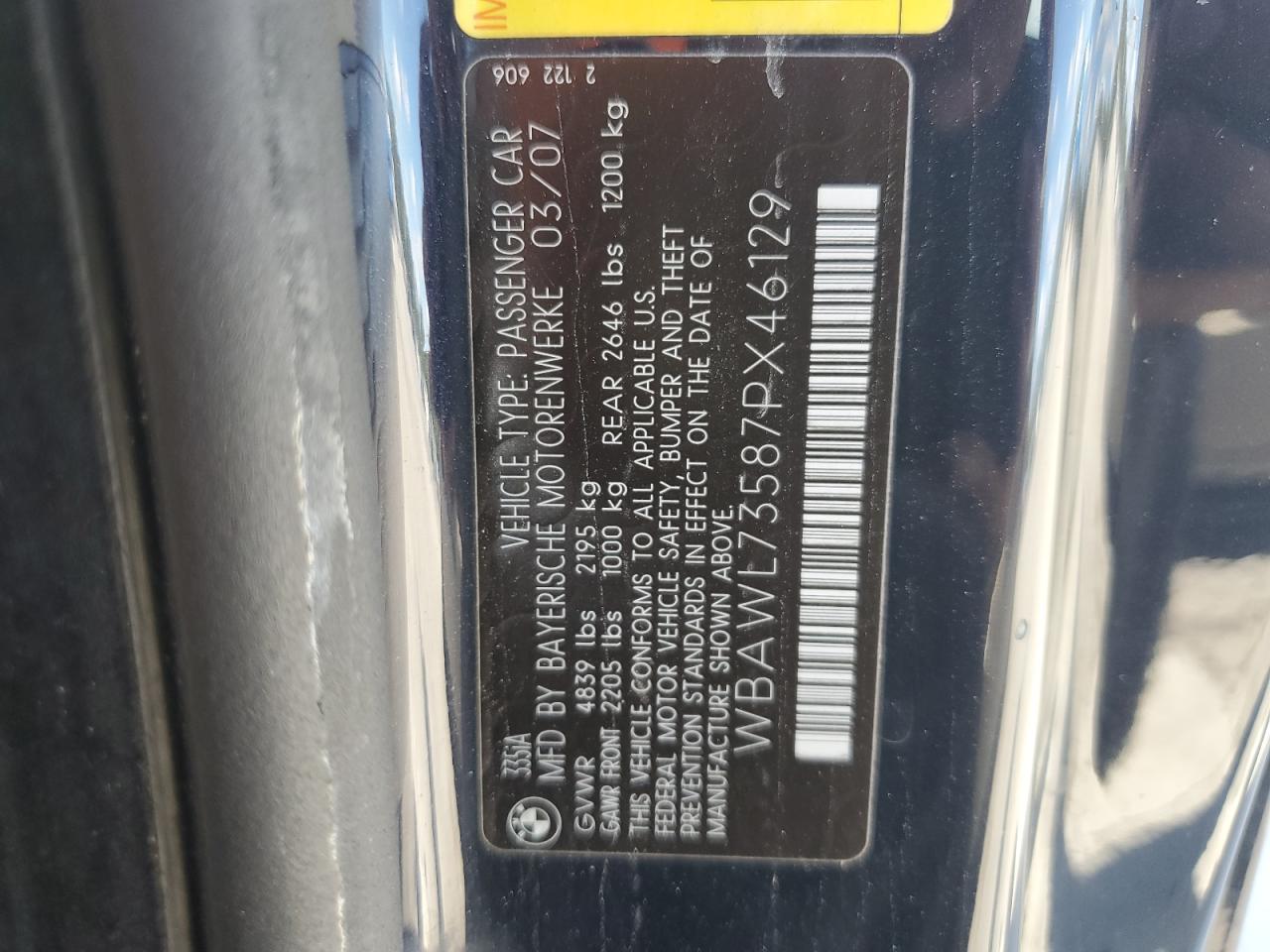 2007 BMW 335 I VIN: WBAWL73587PX46129 Lot: 81490675