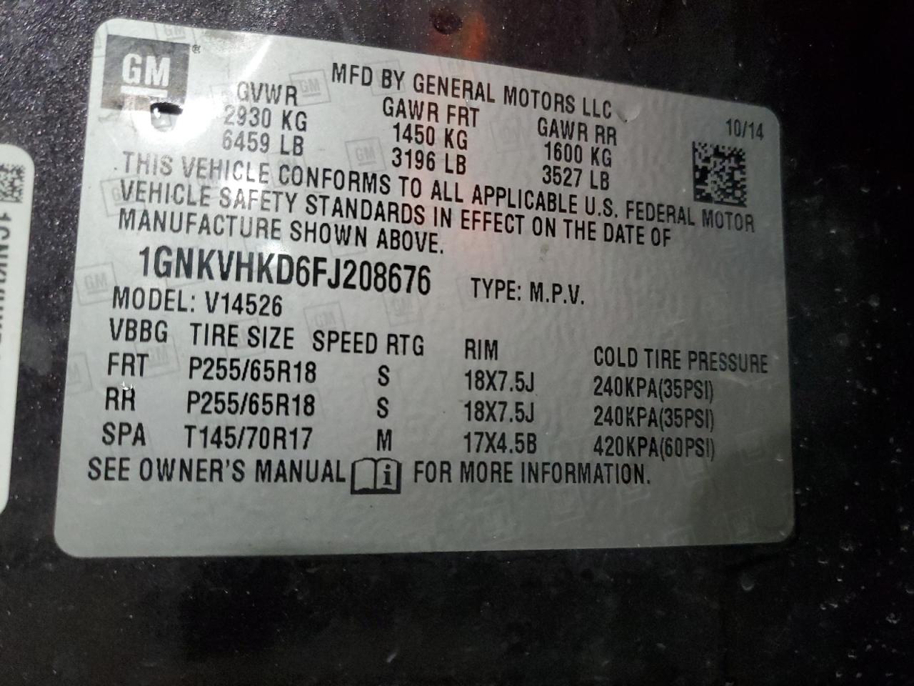 2015 Chevrolet Traverse Lt VIN: 1GNKVHKD6FJ208676 Lot: 71106745