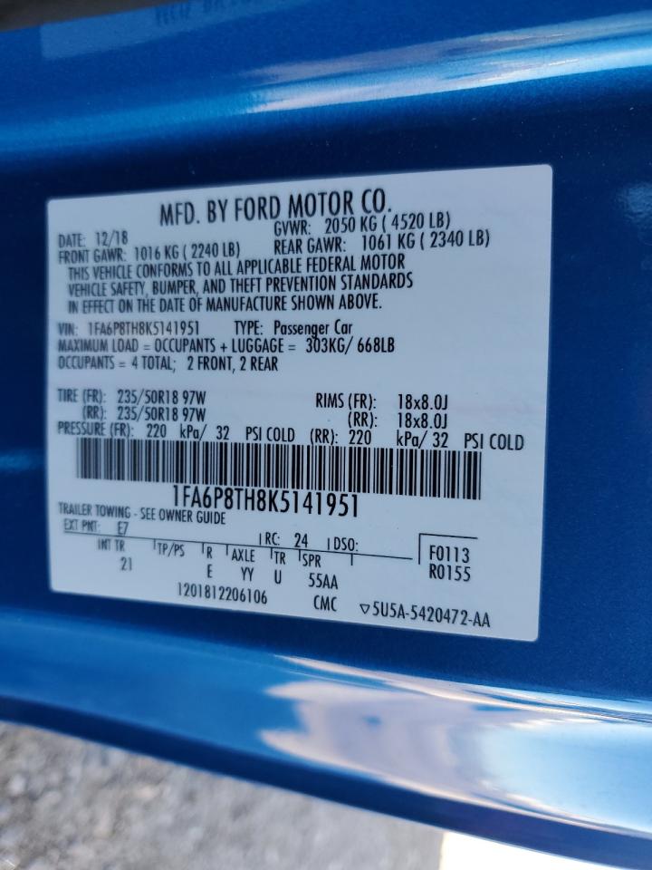 2019 Ford Mustang VIN: 1FA6P8TH8K5141951 Lot: 84290775