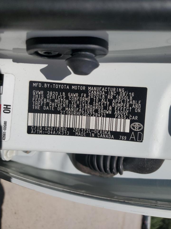 2016 Toyota Corolla L VIN: 2T1BURHE5GC729421 Lot: 84183915