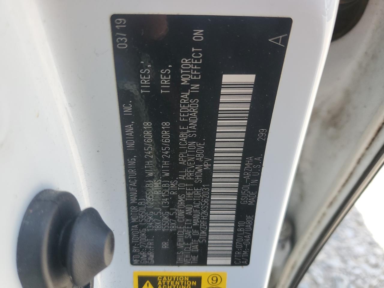 2019 Toyota Highlander Se VIN: 5TDKZRFH2KS562031 Lot: 71677415