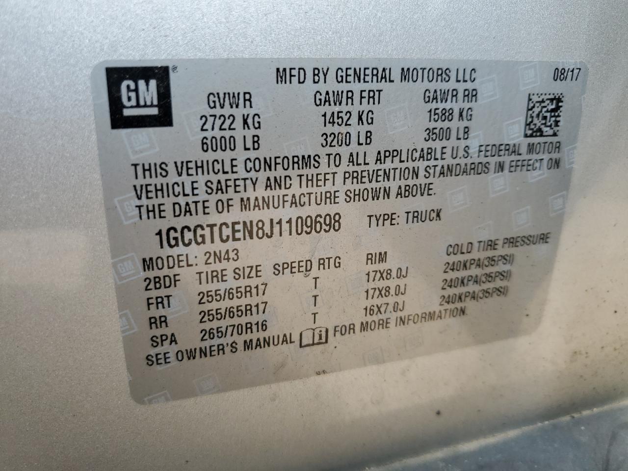 2018 Chevrolet Colorado Lt VIN: 1GCGTCEN8J1109698 Lot: 80095545