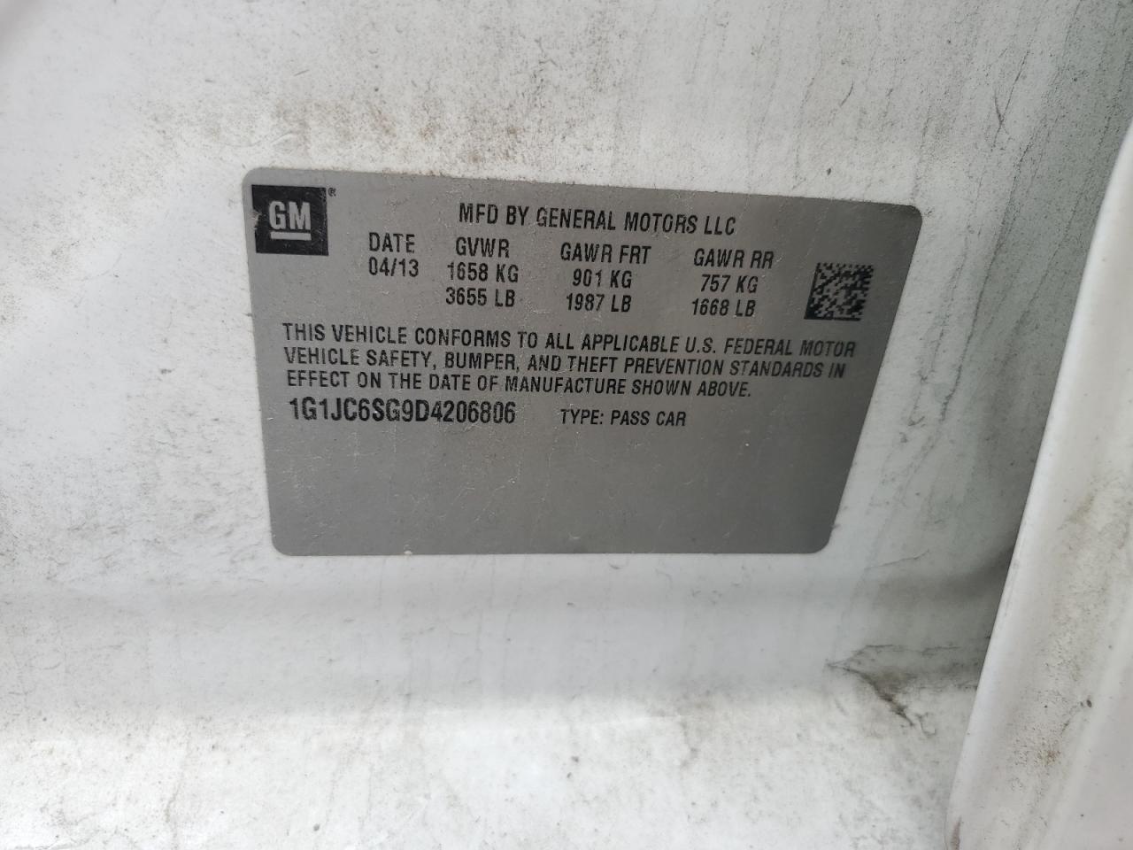 2013 Chevrolet Sonic Lt VIN: 1G1JC6SG9D4206806 Lot: 83852955