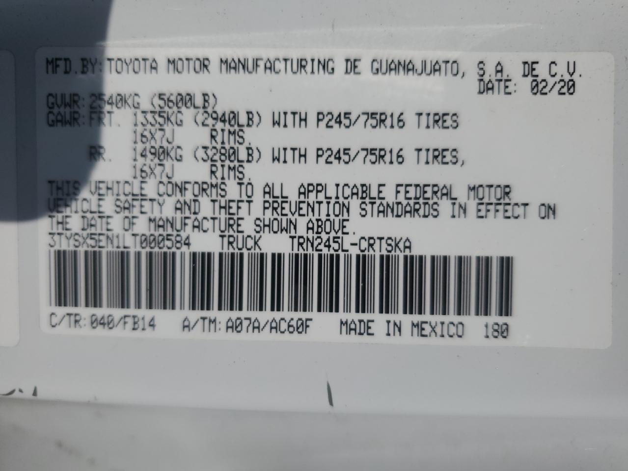 2020 Toyota Tacoma Access Cab VIN: 3TYSX5EN1LT000584 Lot: 80036385