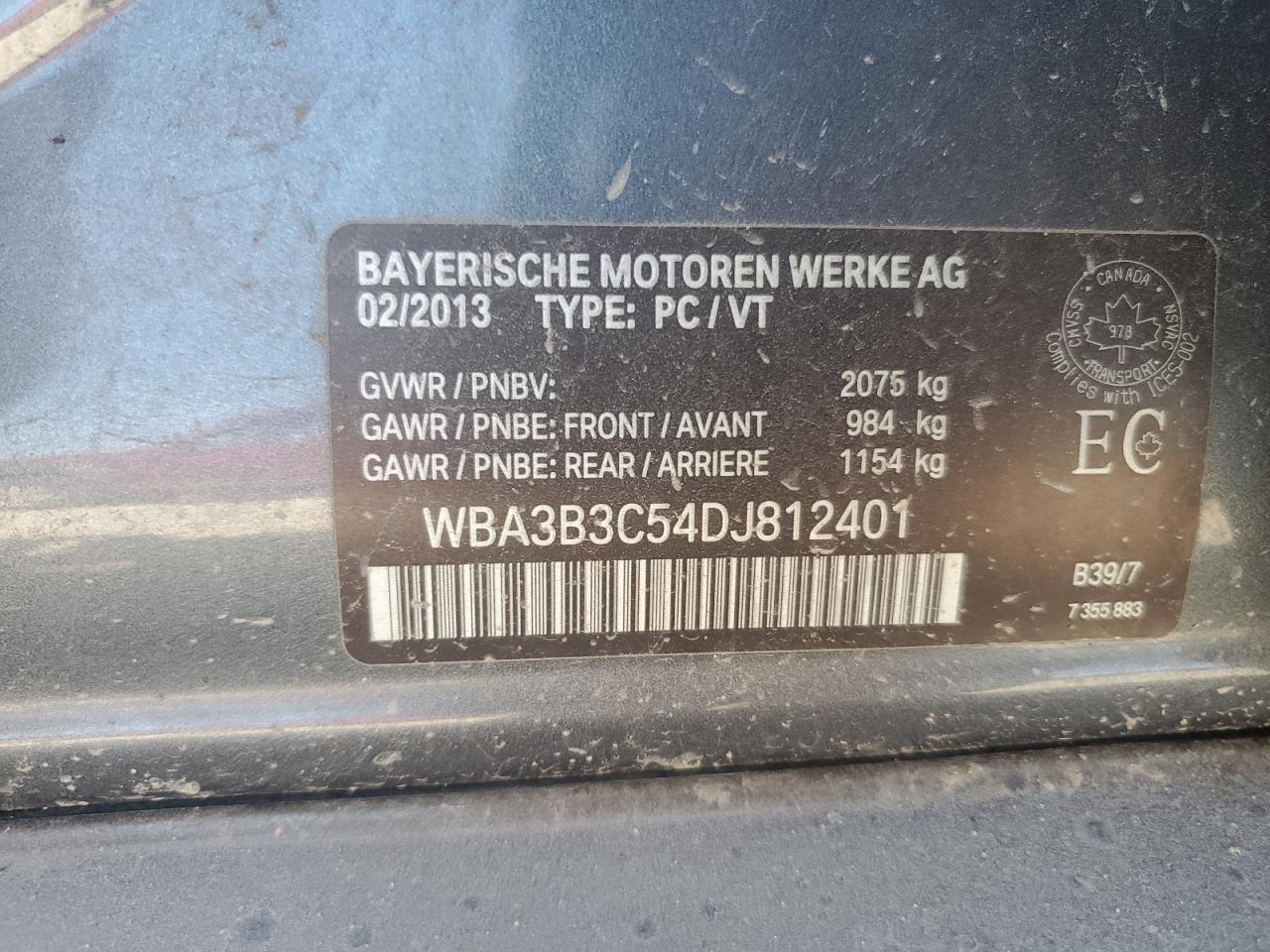 2013 BMW 328 Xi VIN: WBA3B3C54DJ812401 Lot: 81091465