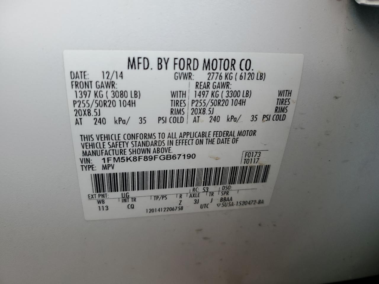 2015 Ford Explorer Limited VIN: 1FM5K8F89FGB67190 Lot: 80517175