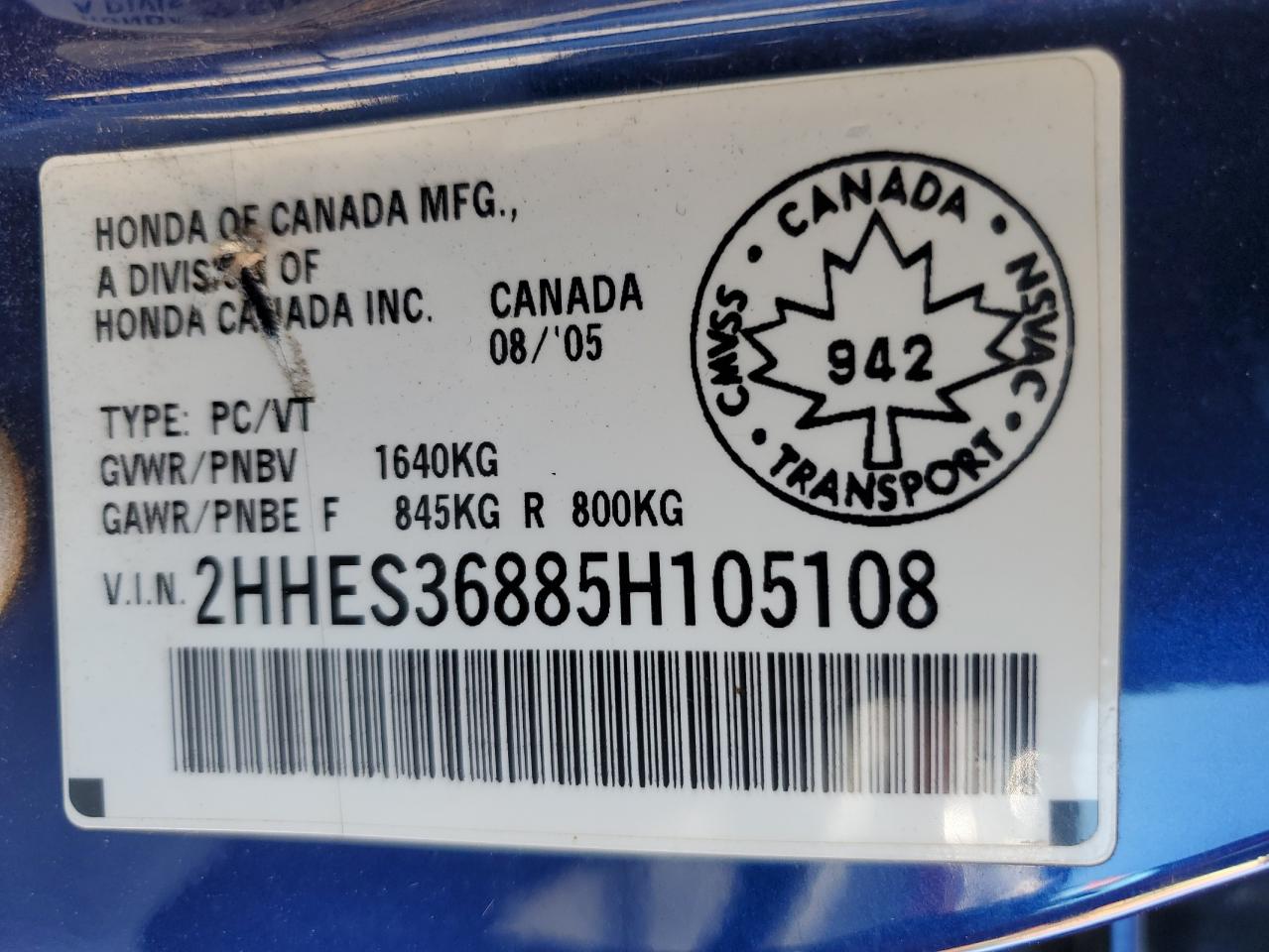 2005 Acura 1.7El Premium VIN: 2HHES36885H105108 Lot: 84451295