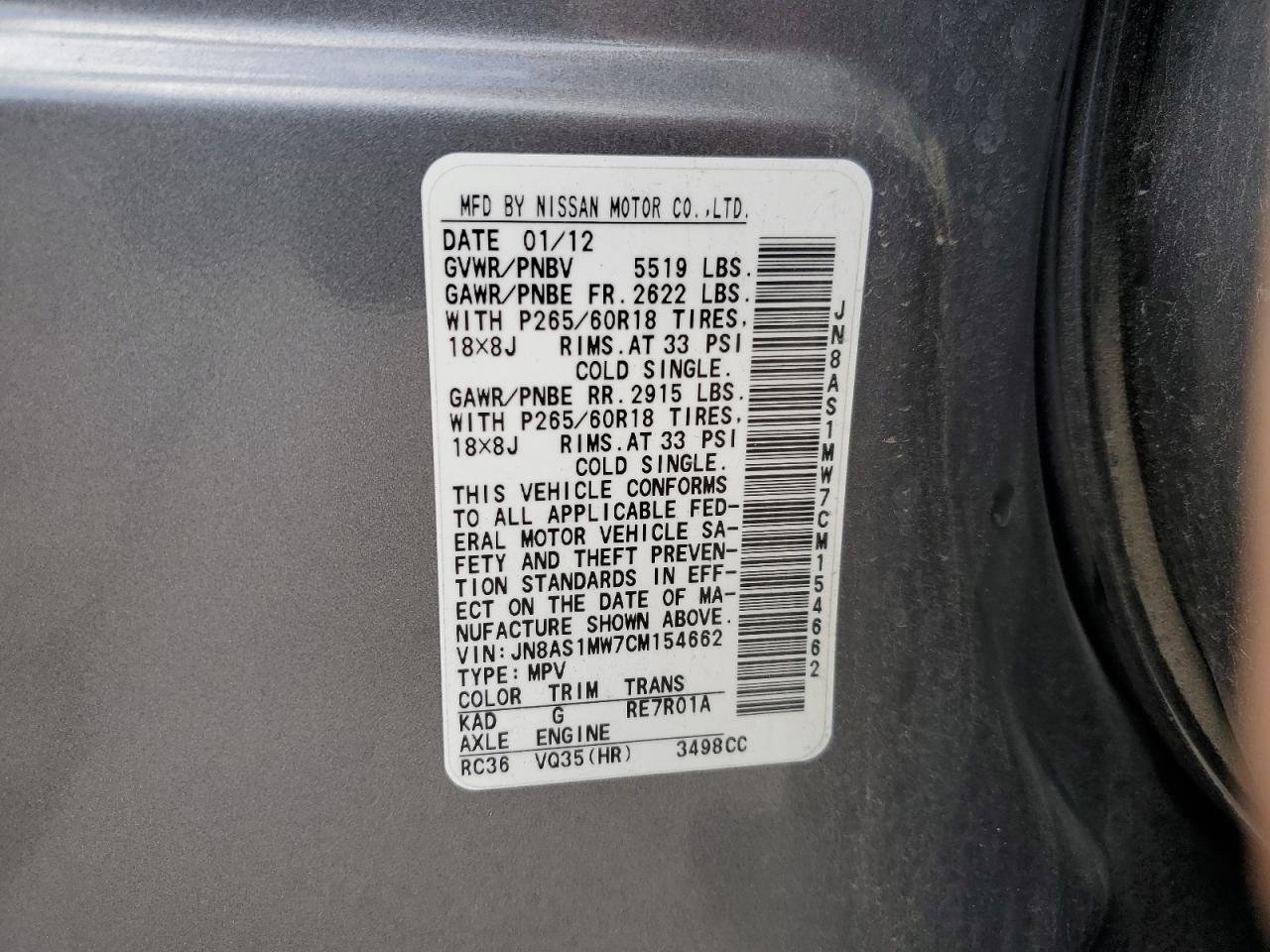 2012 Infiniti Fx35 VIN: JN8AS1MW7CM154662 Lot: 71312145