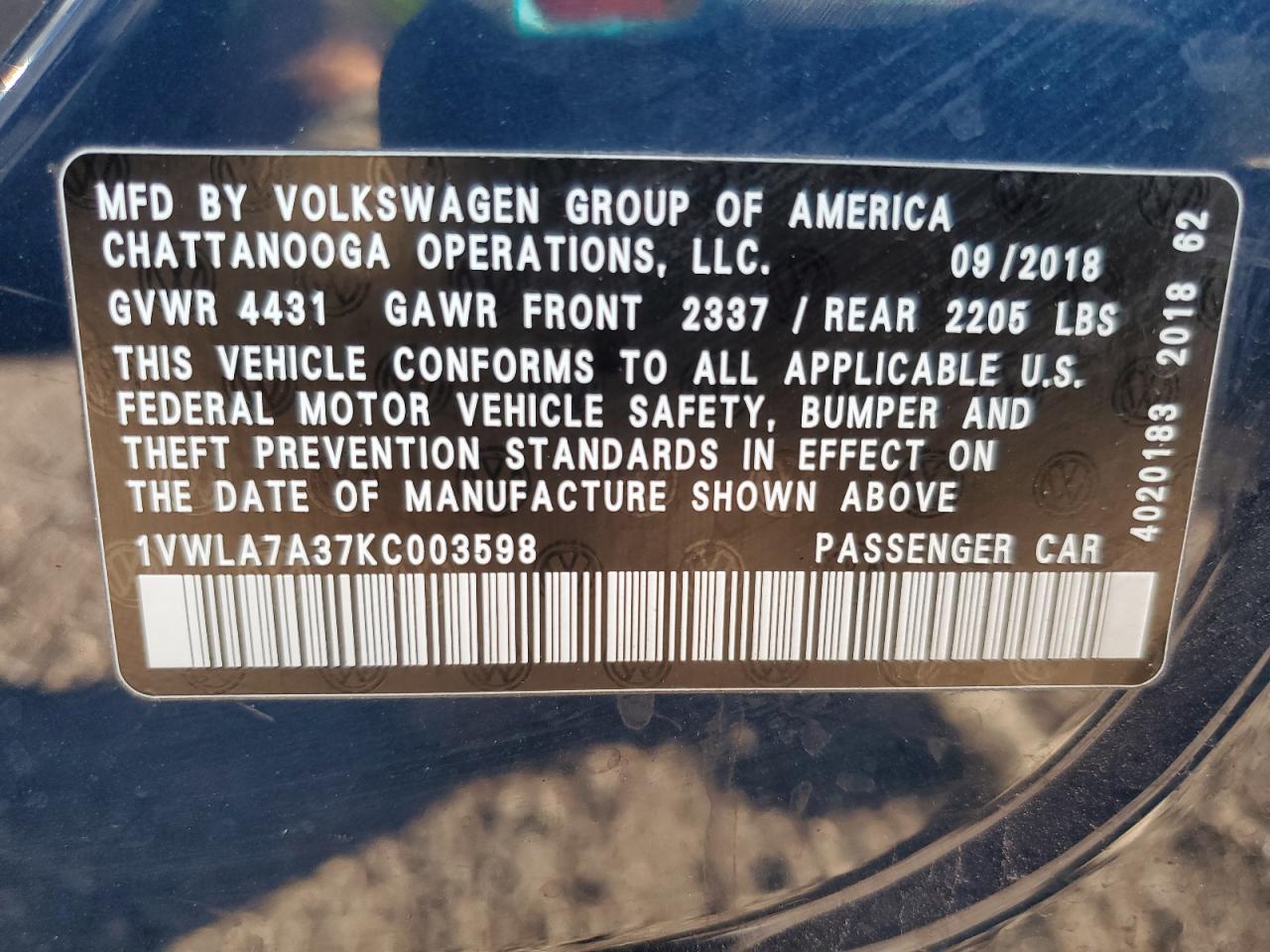 2019 Volkswagen Passat Wolfsburg VIN: 1VWLA7A37KC003598 Lot: 81609695