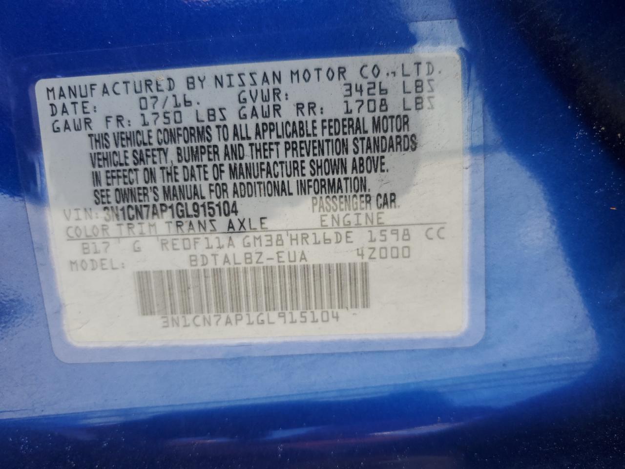 2016 Nissan Versa S VIN: 3N1CN7AP1GL915104 Lot: 80541565