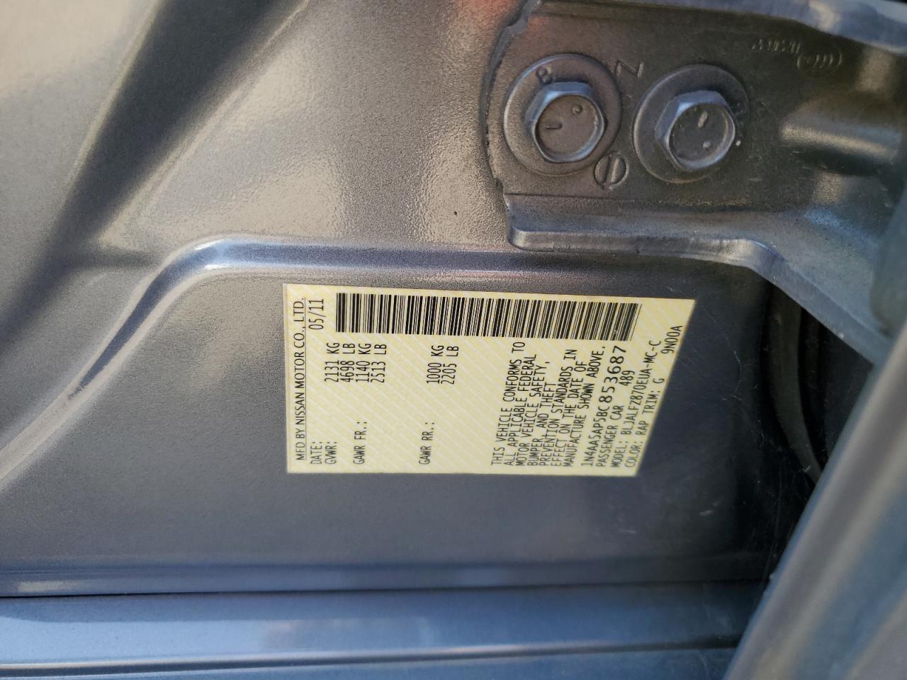 2011 Nissan Maxima S VIN: 1N4AA5AP5BC853687 Lot: 81076555