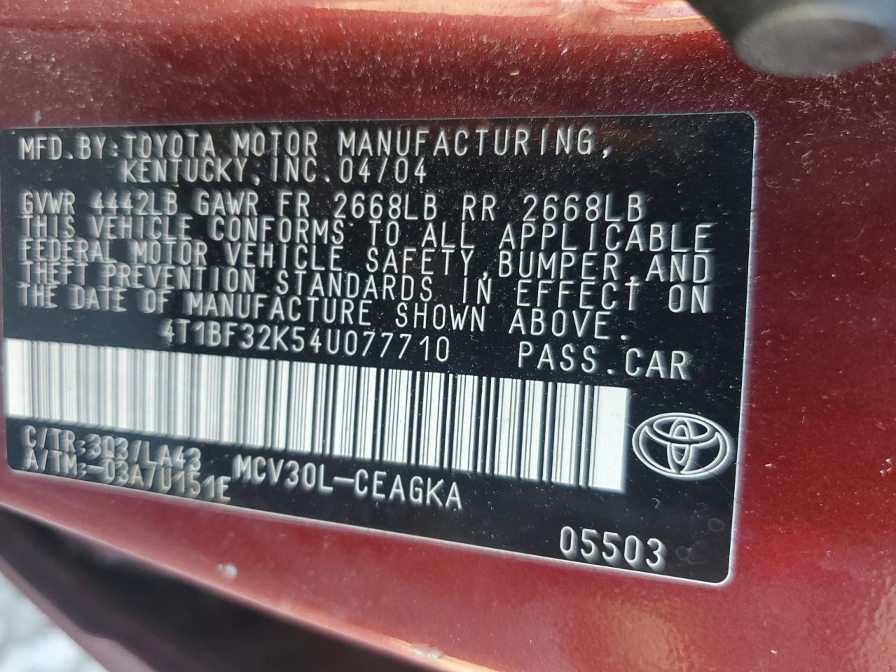 2004 Toyota Camry Le VIN: 4T1BF32K54U077710 Lot: 80057695