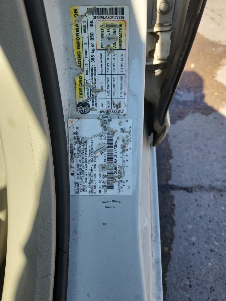 2012 Ford Fusion Sel VIN: 3FAHP0JAXCR177736 Lot: 84390425