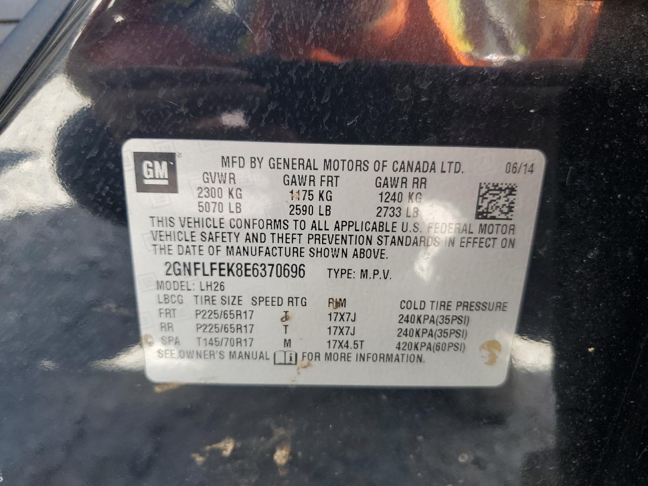 2014 Chevrolet Equinox Lt VIN: 2GNFLFEK8E6370696 Lot: 81686665