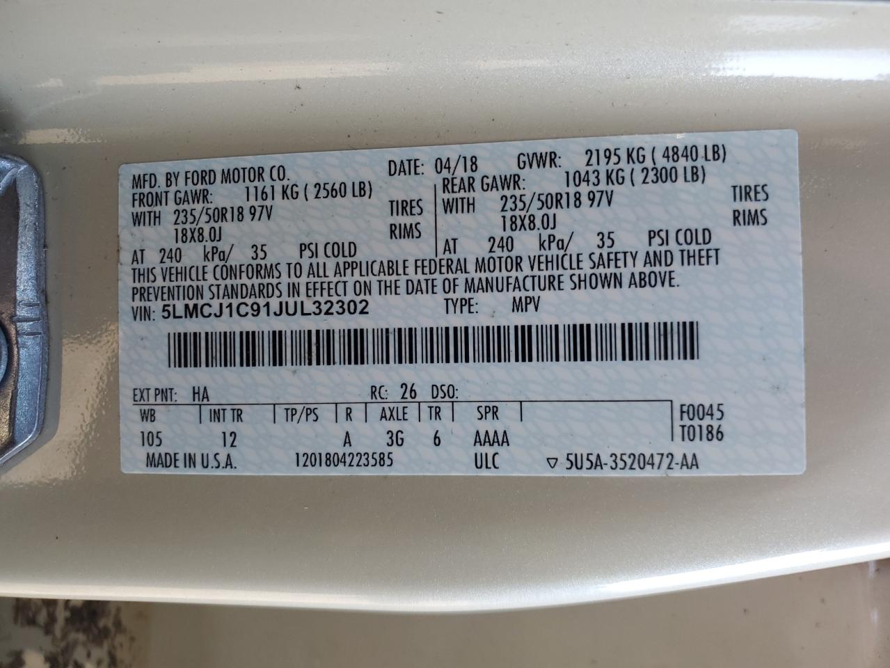 2018 Lincoln Mkc Premiere VIN: 5LMCJ1C91JUL32302 Lot: 80485525