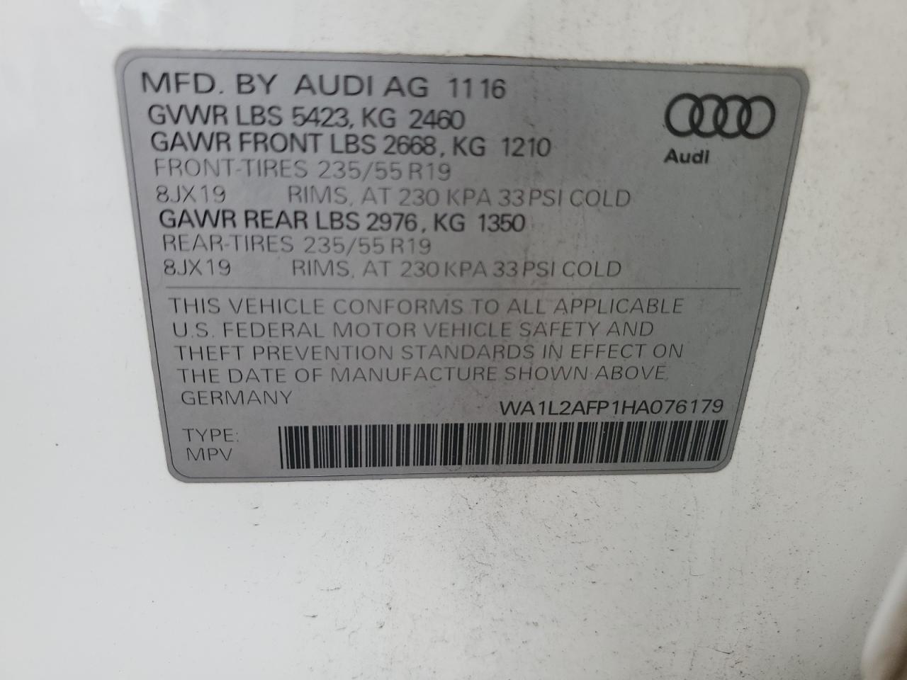 2017 Audi Q5 Premium Plus VIN: WA1L2AFP1HA076179 Lot: 84593405