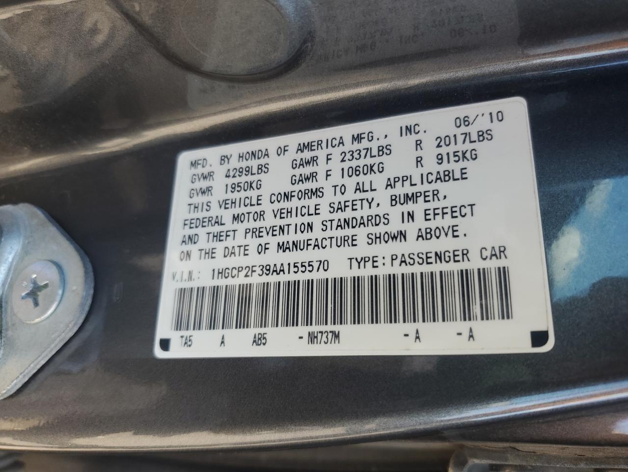 2010 Honda Accord Lx VIN: 1HGCP2F39AA155570 Lot: 71010585