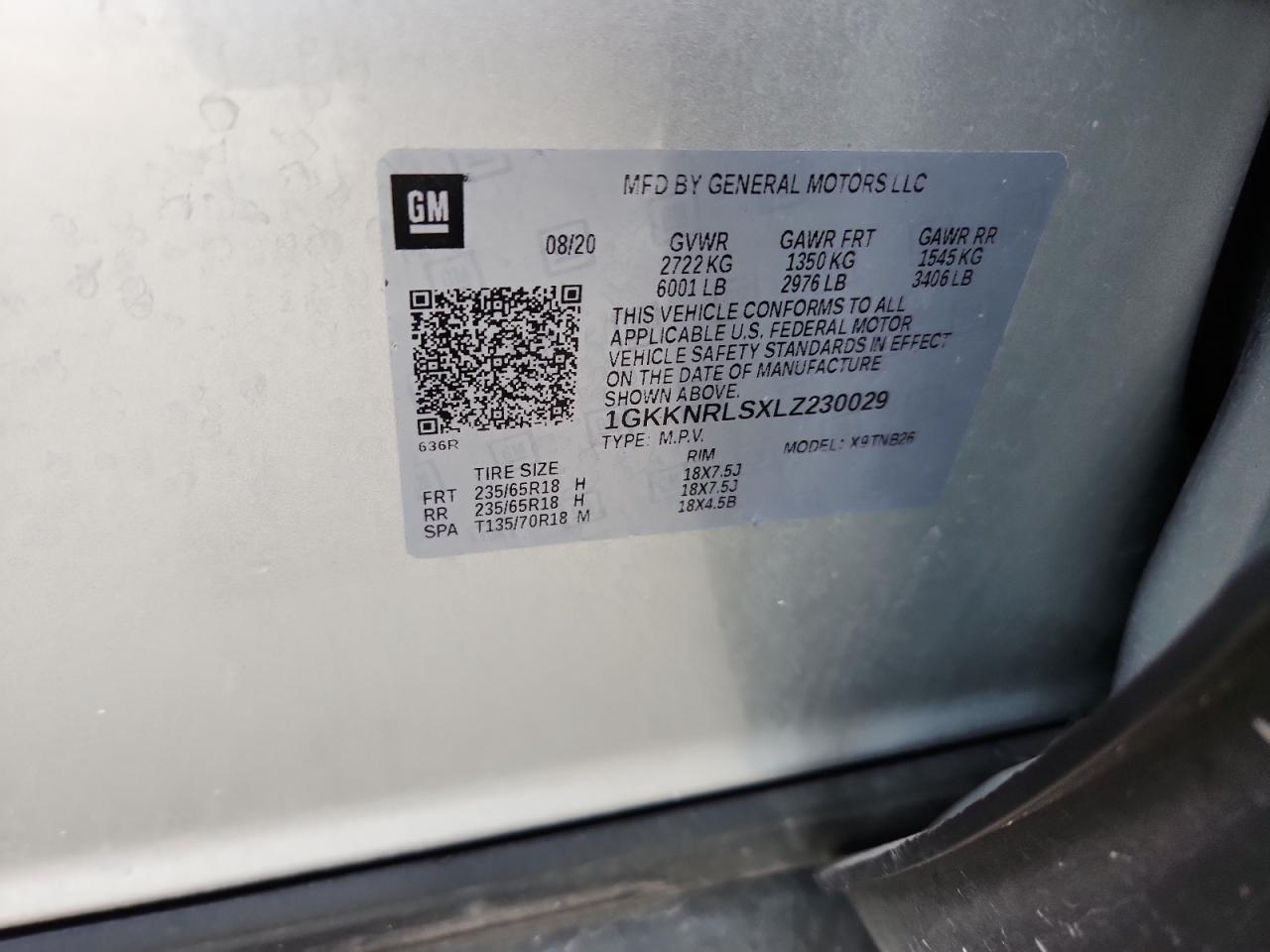 2020 GMC Acadia Sle VIN: 1GKKNRLSXLZ230029 Lot: 80085705