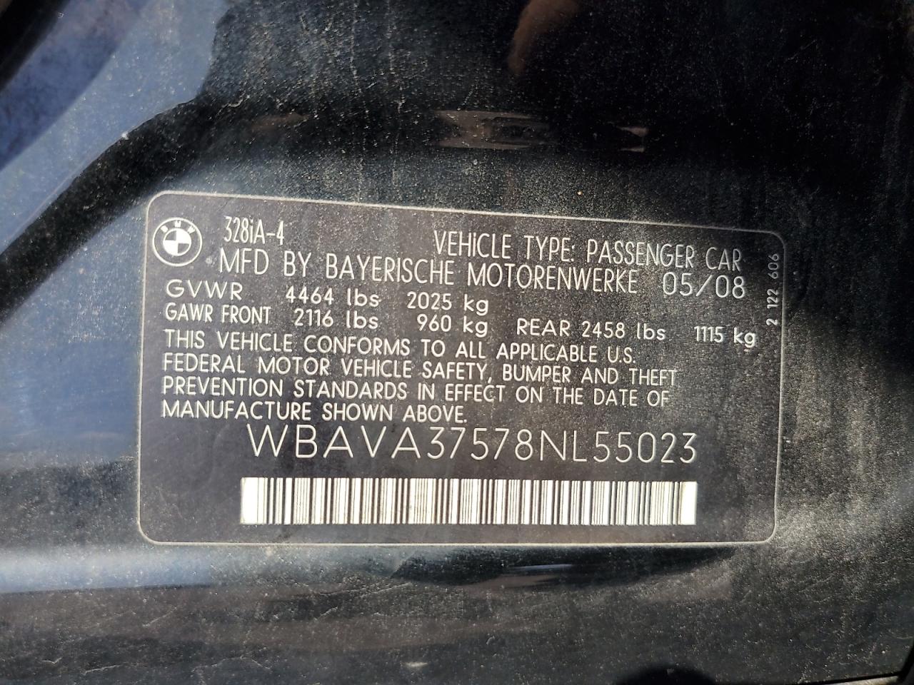 2008 BMW 328 I VIN: WBAVA37578NL55023 Lot: 81342915