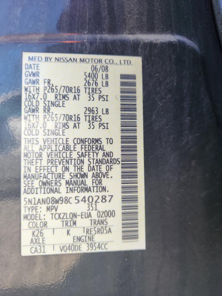 2008 Nissan Xterra Off Road VIN: 5N1AN08W98C540287 Lot: 81339015