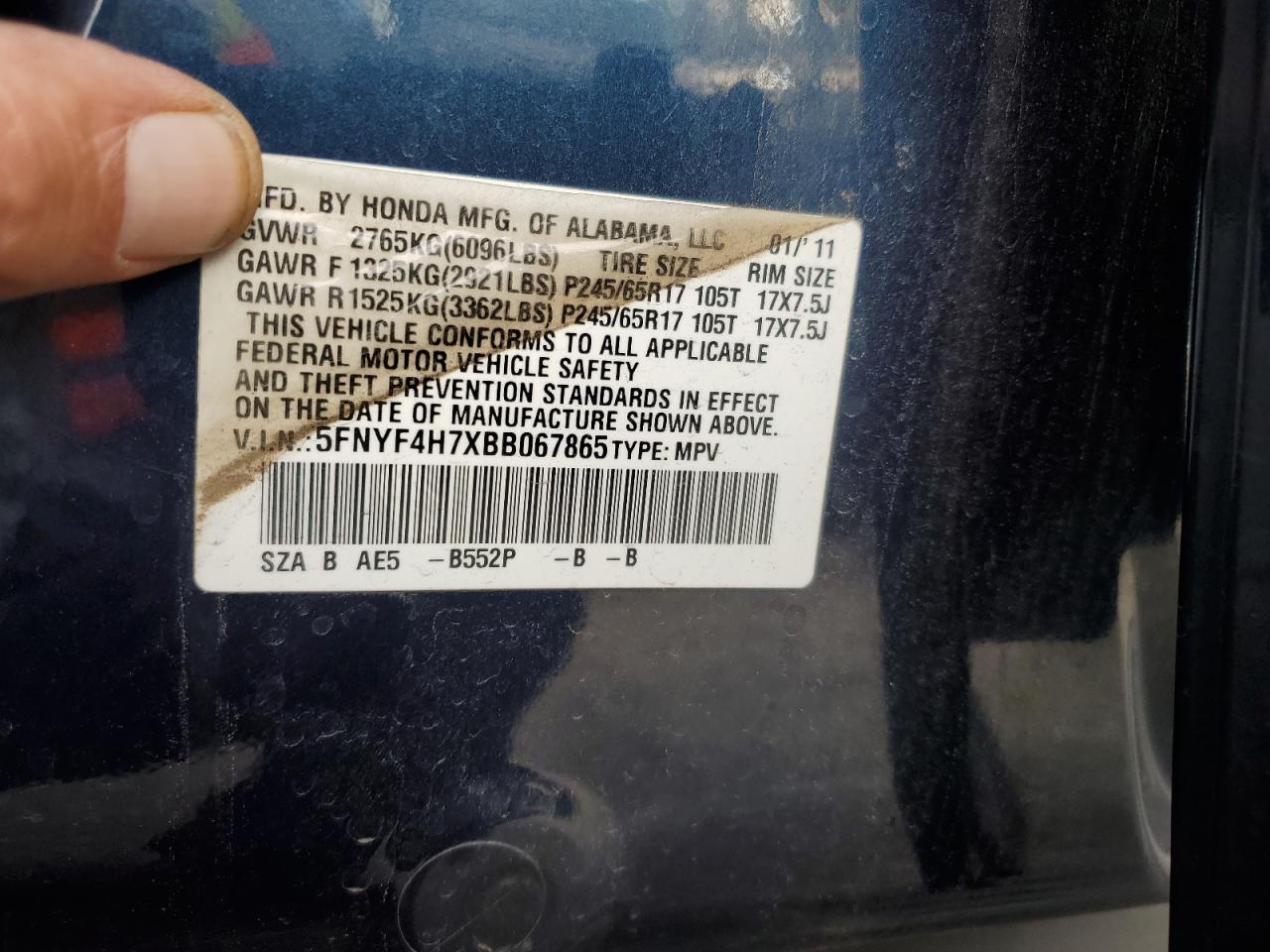 2011 Honda Pilot Exln VIN: 5FNYF4H7XBB067865 Lot: 84067945