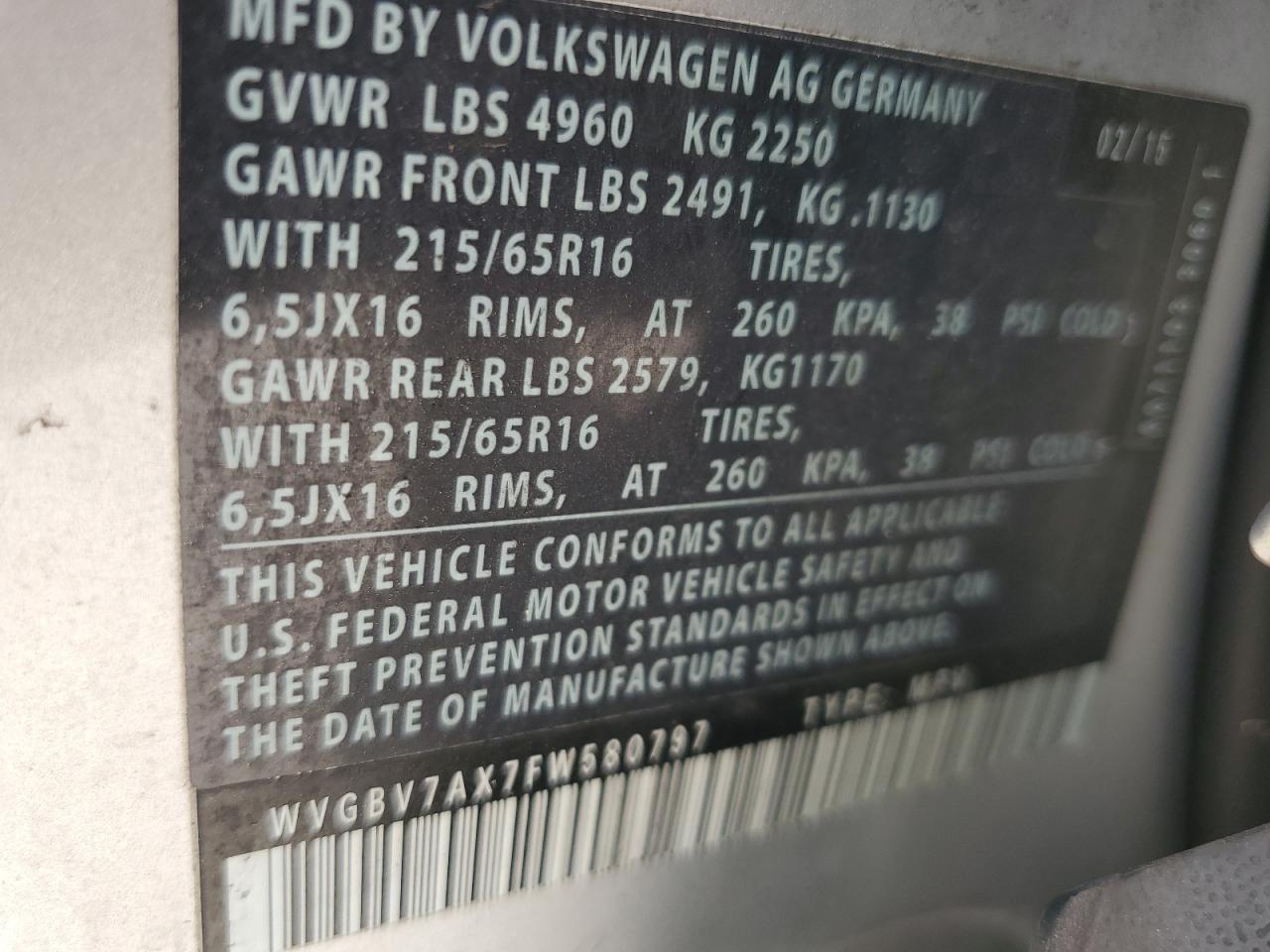 2015 Volkswagen Tiguan S VIN: WVGBV7AX7FW580797 Lot: 81585915