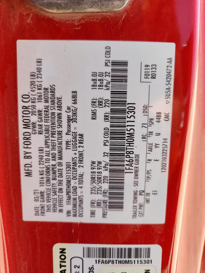 2021 Ford Mustang VIN: 1FA6P8TH0M5115301 Lot: 71832215