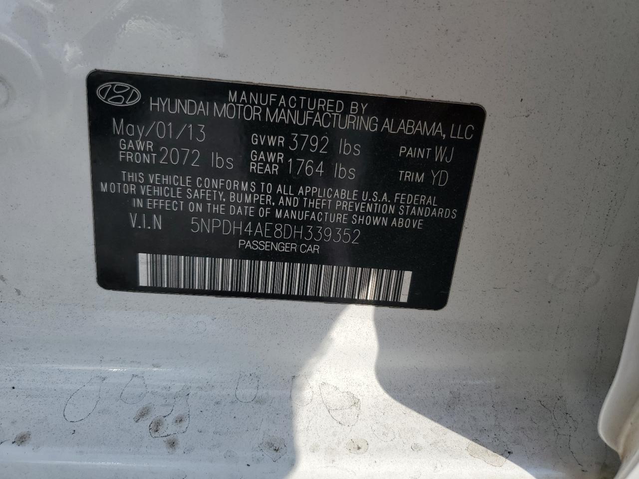 2013 Hyundai Elantra Gls VIN: 5NPDH4AE8DH339352 Lot: 71721555