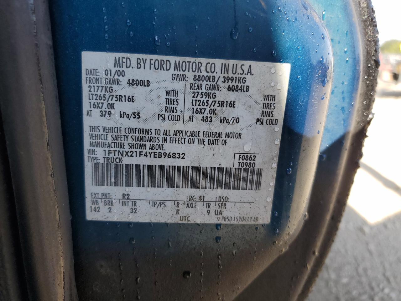 2000 Ford F250 Super Duty VIN: 1FTNX21F4YEB96832 Lot: 80194955