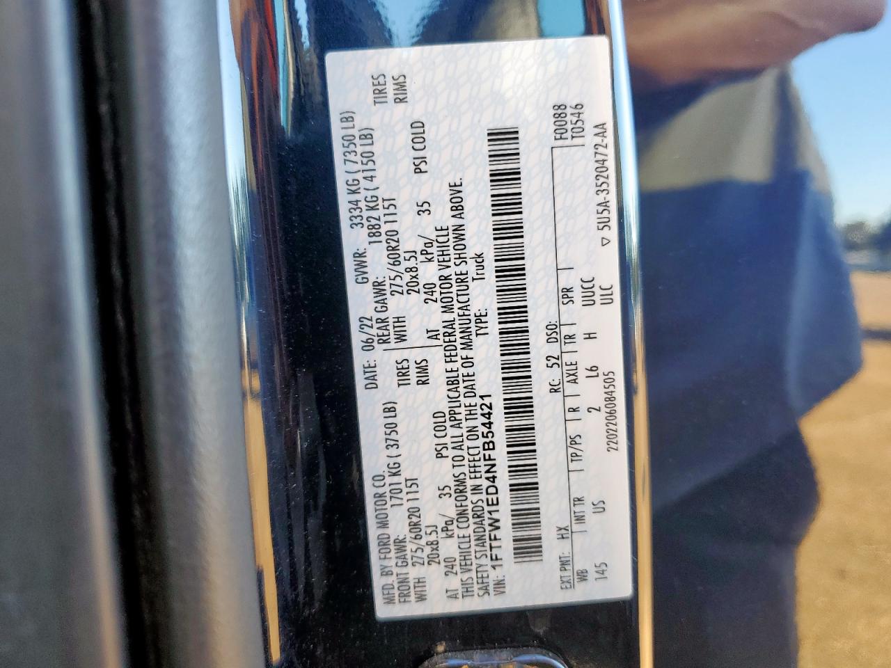 2022 Ford F150 Supercrew VIN: 1FTFW1ED4NFB54421 Lot: 87104165