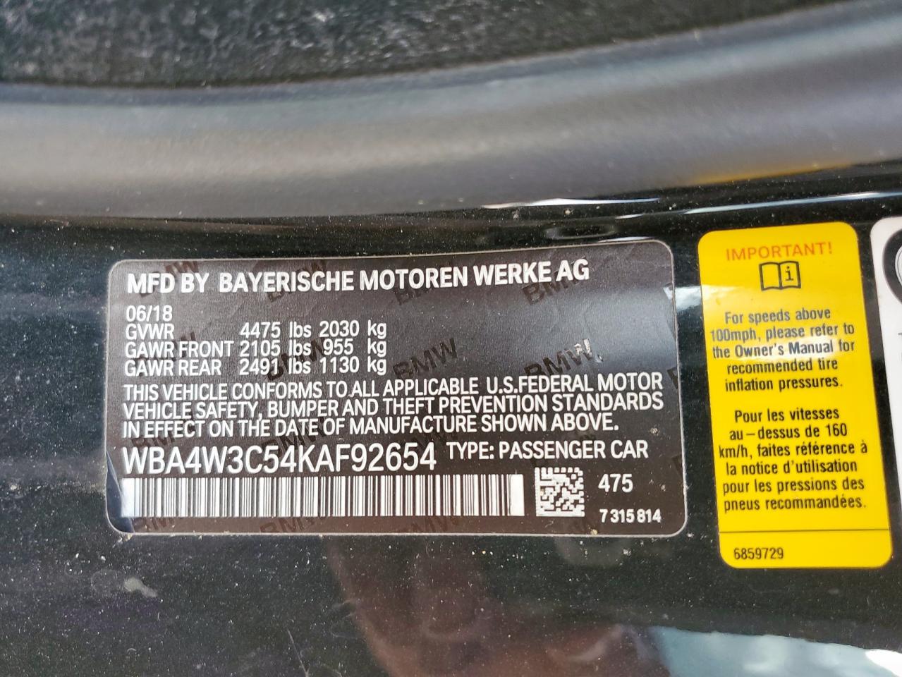 2019 BMW 430I VIN: WBA4W3C54KAF92654 Lot: 84397725