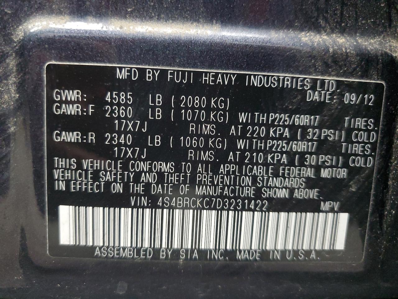 2013 Subaru Outback 2.5I Limited VIN: 4S4BRCKC7D3231422 Lot: 84568515