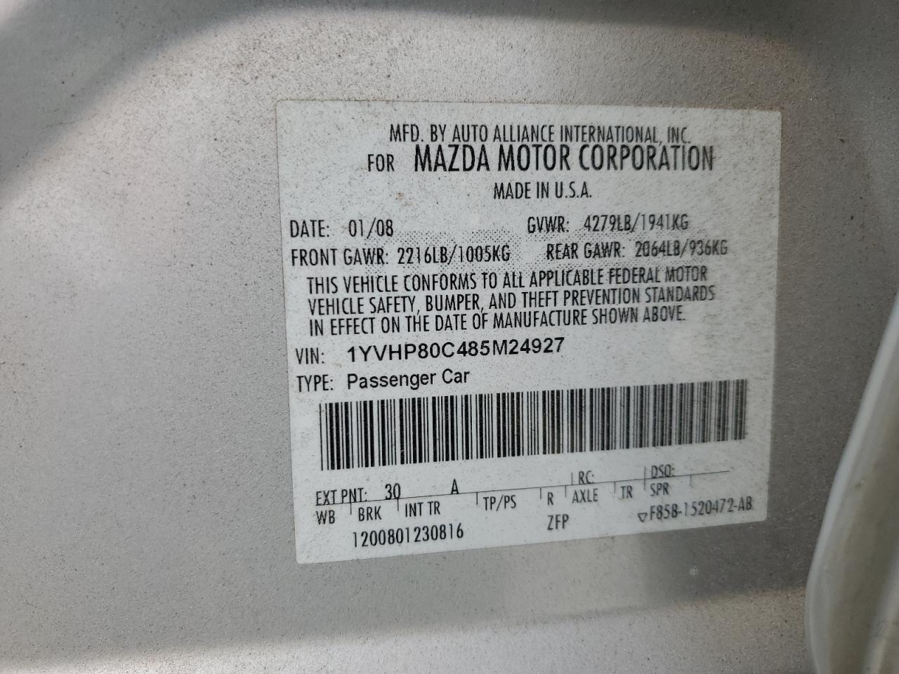 2008 Mazda 6 I VIN: 1YVHP80C485M24927 Lot: 81776825