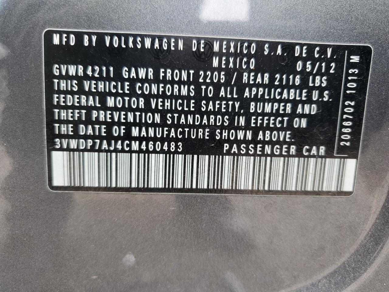 2012 Volkswagen Jetta Se VIN: 3VWDP7AJ4CM460483 Lot: 71131835