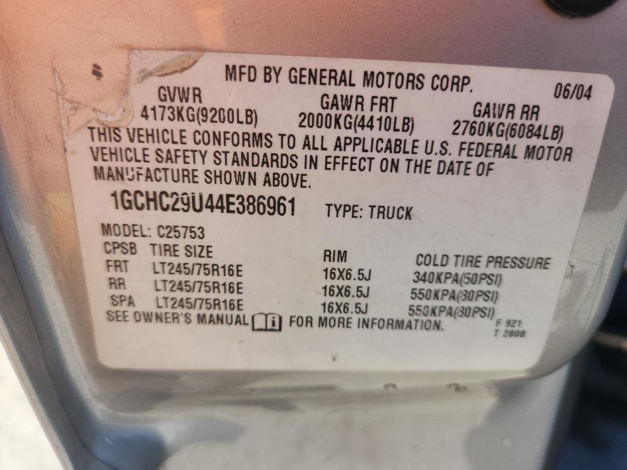 2004 Chevrolet Silverado C2500 Heavy Duty VIN: 1GCHC29U44E386961 Lot: 80821835