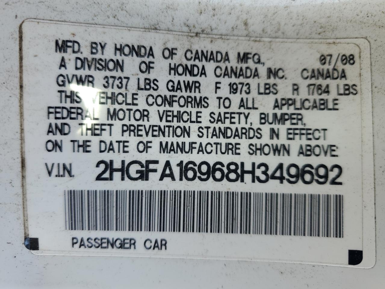 2008 Honda Civic Exl VIN: 2HGFA16968H349692 Lot: 69088765