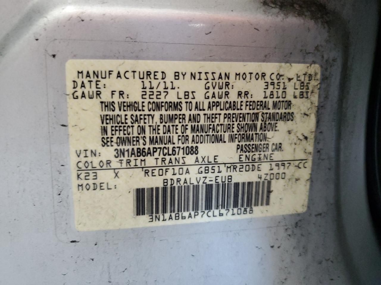 2012 Nissan Sentra 2.0 VIN: 3N1AB6AP7CL671088 Lot: 84179135