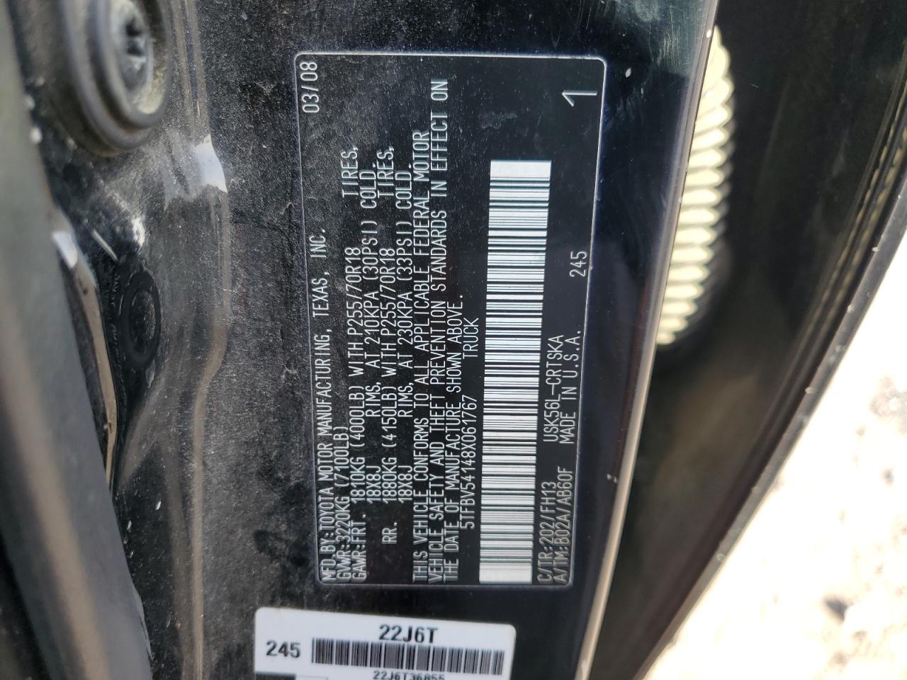 2008 Toyota Tundra Double Cab VIN: 5TFBV54148X061767 Lot: 81470365