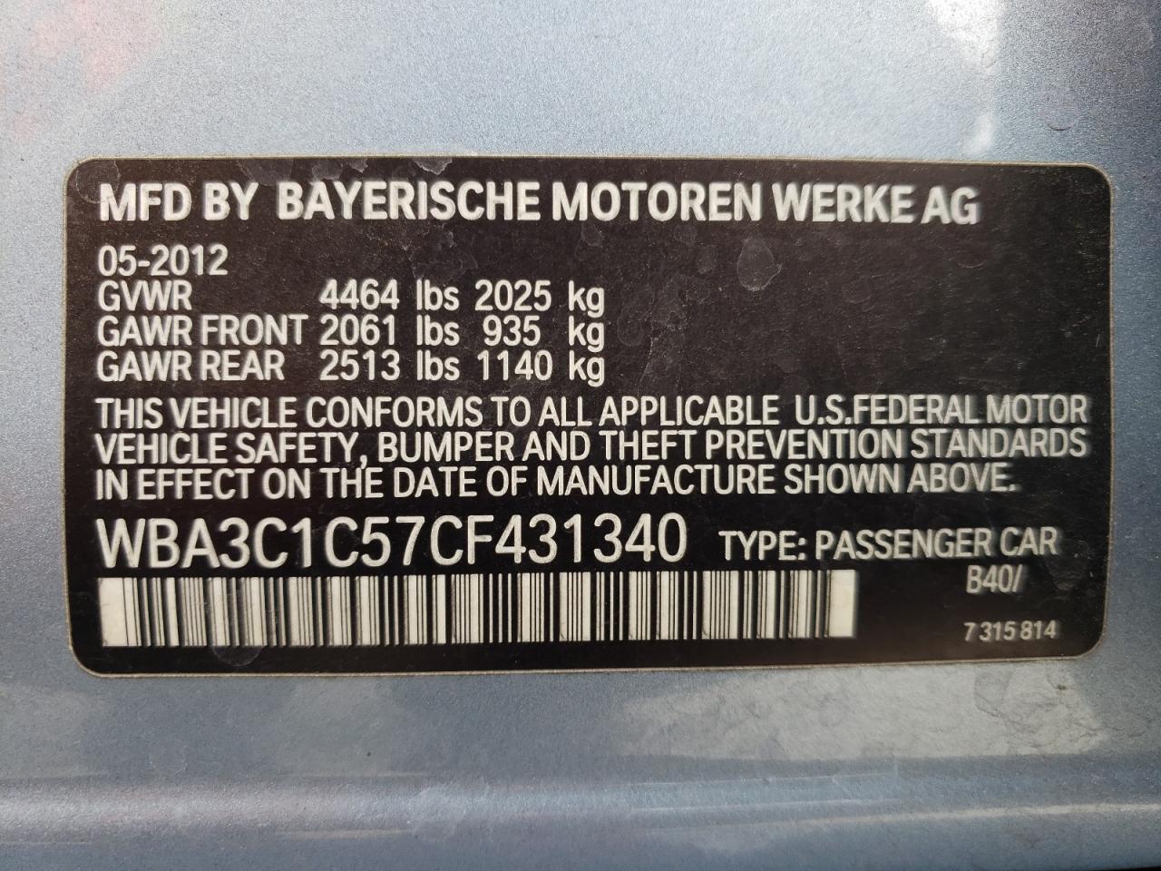 2012 BMW 328 I Sulev VIN: WBA3C1C57CF431340 Lot: 84484995