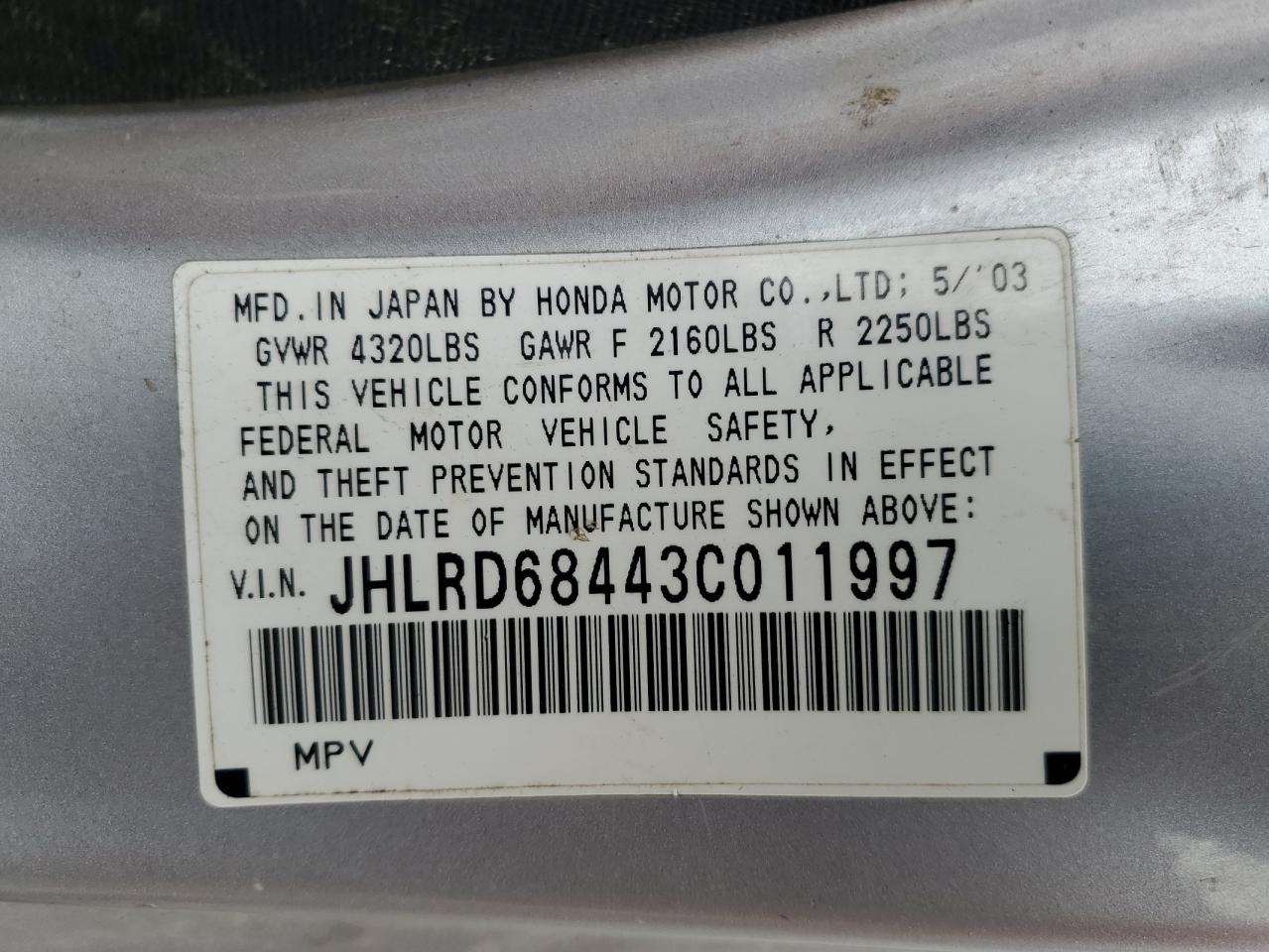 2003 Honda Cr-V Lx VIN: JHLRD68443C011997 Lot: 80286795