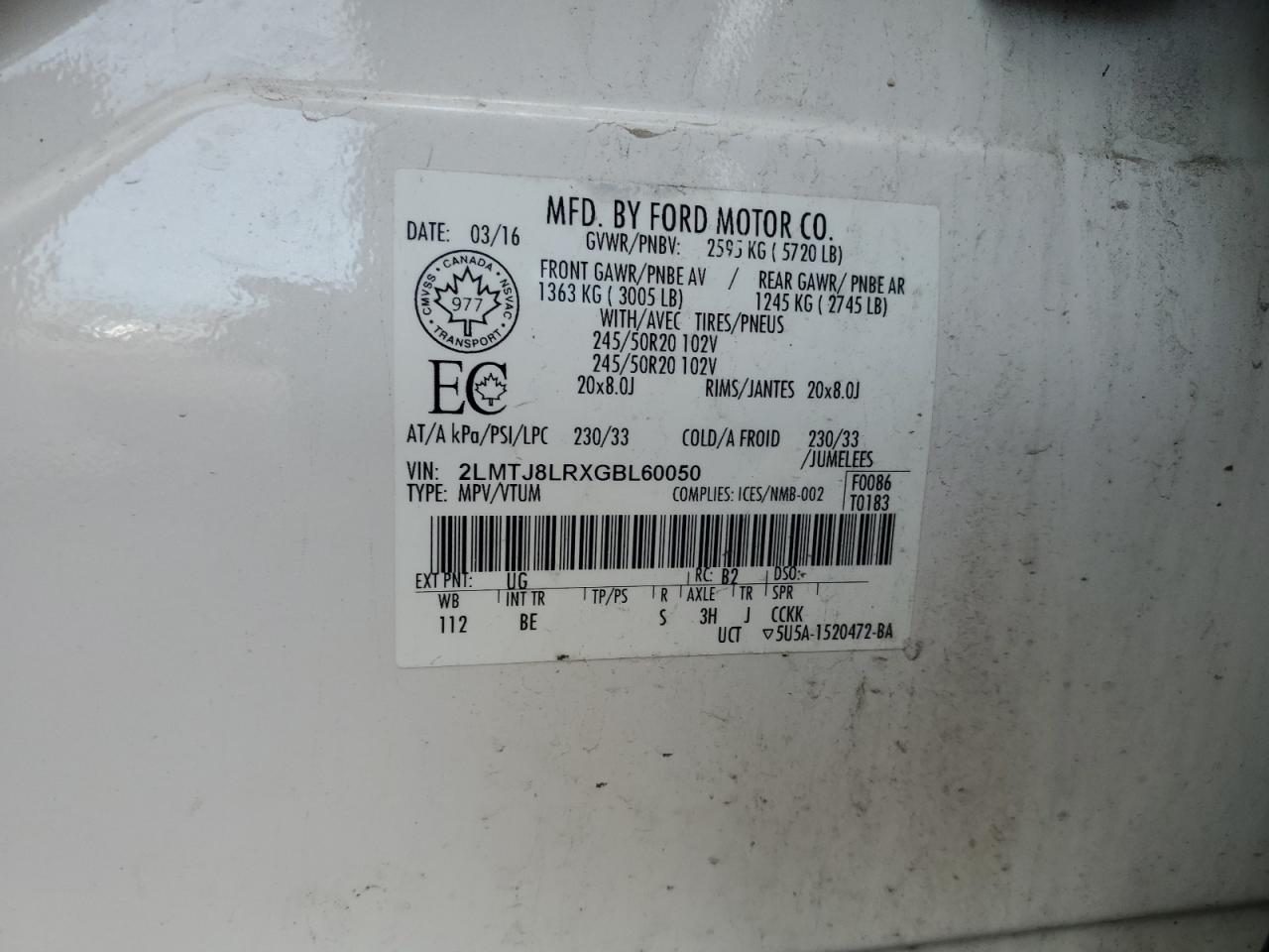 2016 Lincoln Mkx Reserve VIN: 2LMTJ8LRXGBL60050 Lot: 81639075