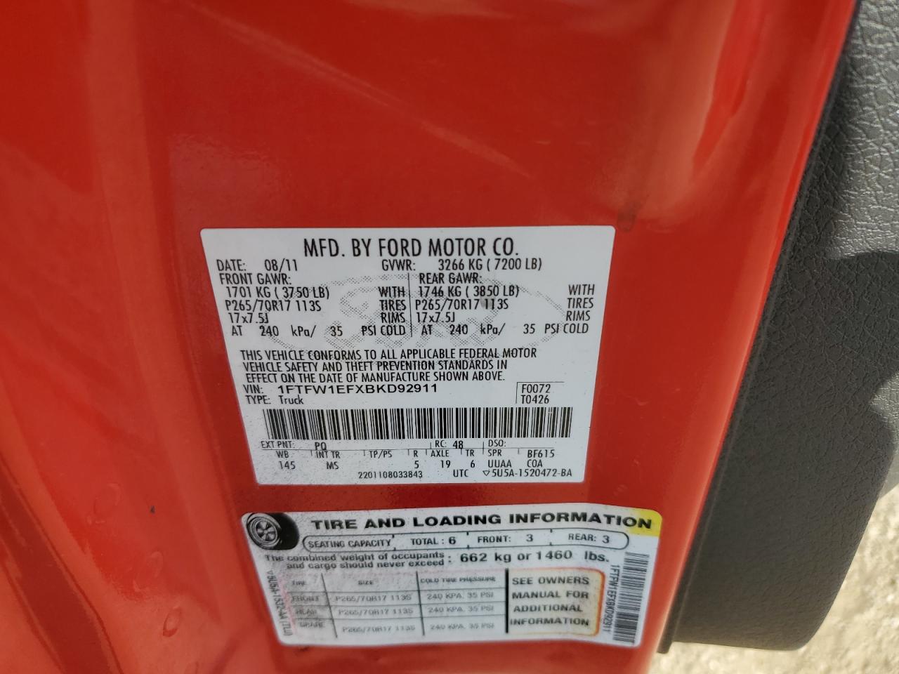 2011 Ford F150 Supercrew VIN: 1FTFW1EFXBKD92911 Lot: 84572095