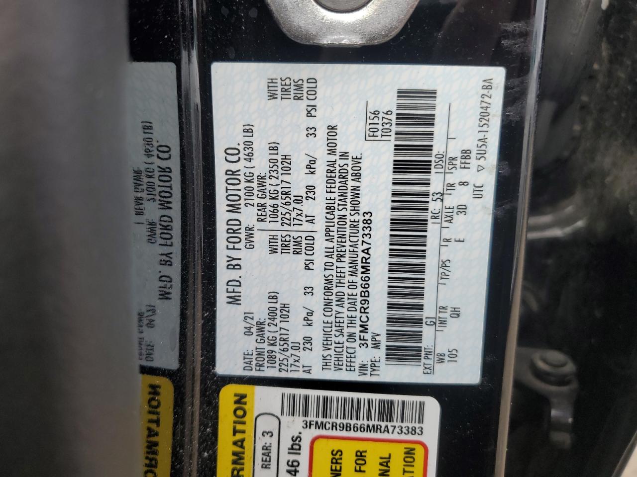 2021 Ford Bronco Sport Big Bend VIN: 3FMCR9B66MRA73383 Lot: 81472585