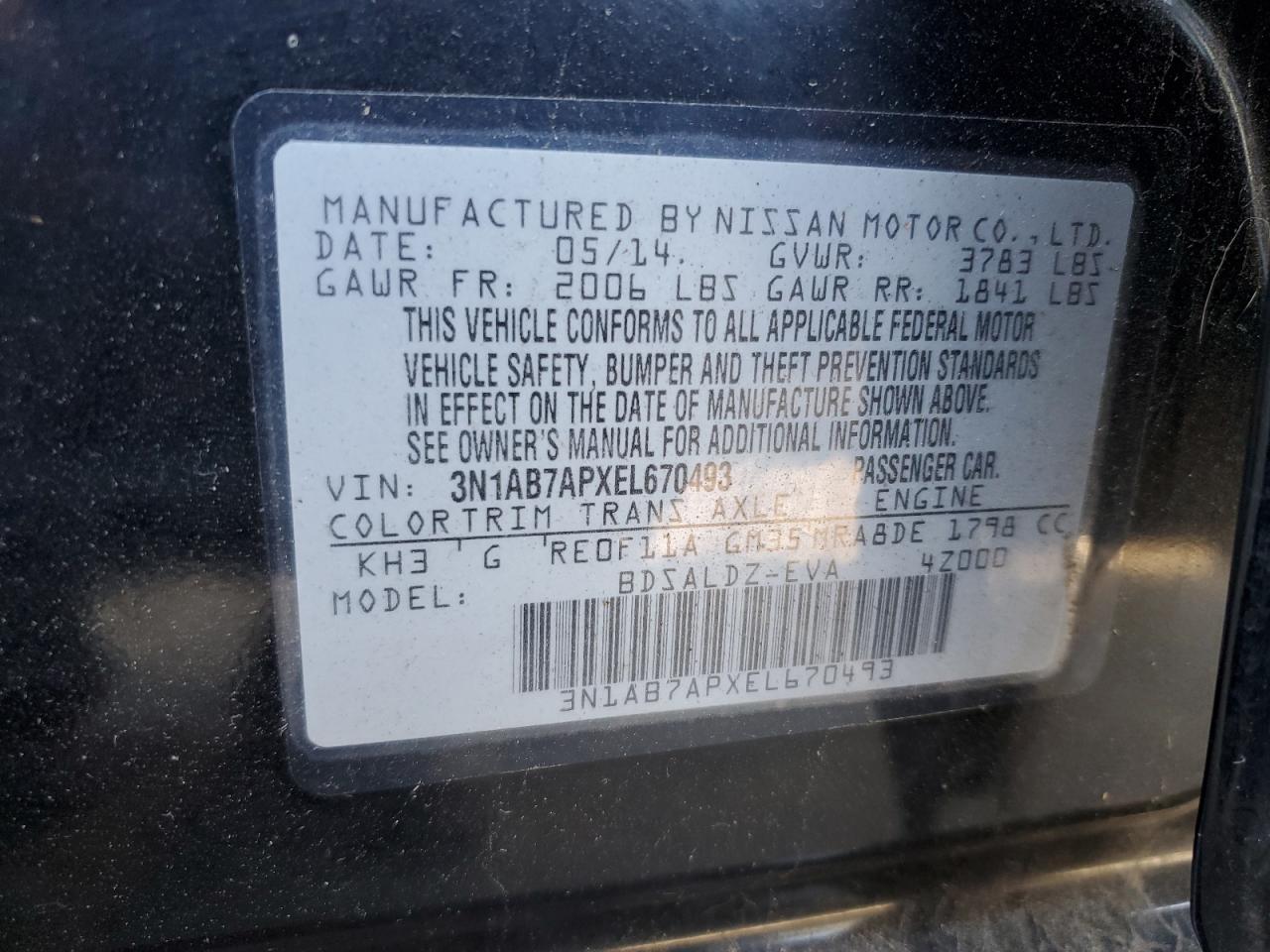 2014 Nissan Sentra S VIN: 3N1AB7APXEL670493 Lot: 83816505