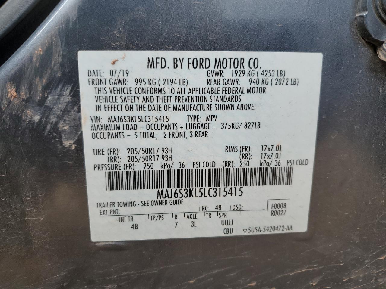 2020 Ford Ecosport Titanium VIN: MAJ6S3KL5LC315415 Lot: 71966055