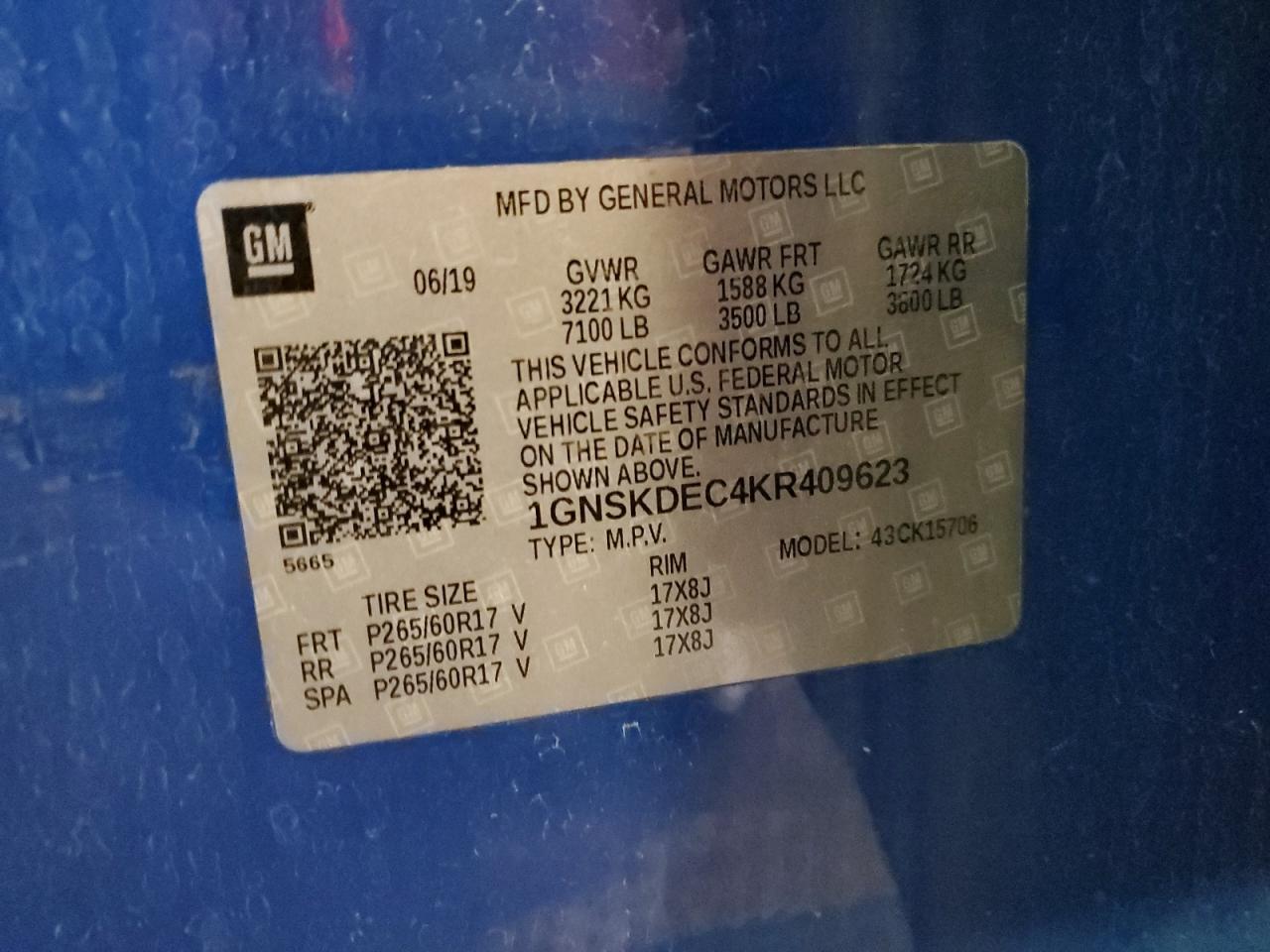 2019 Chevrolet Tahoe Police VIN: 1GNSKDEC4KR409623 Lot: 80195955