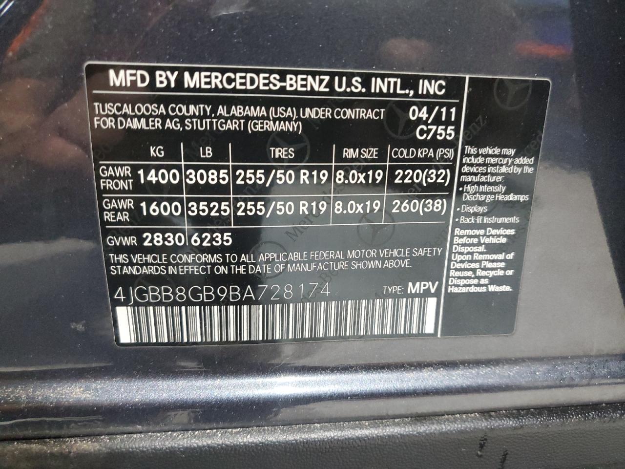 2011 Mercedes-Benz Ml 350 4Matic VIN: 4JGBB8GB9BA728174 Lot: 84026345