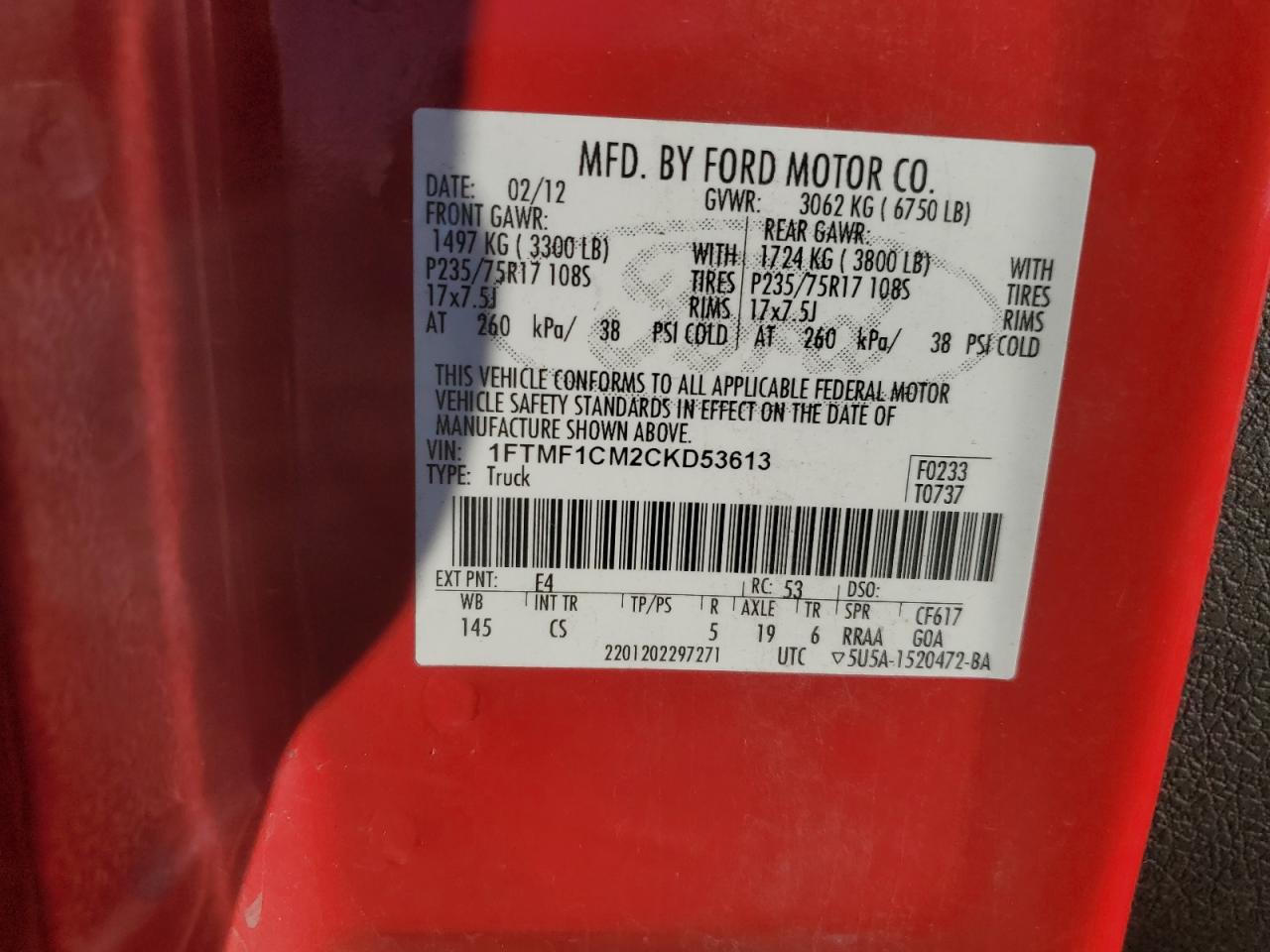 2012 Ford F150 VIN: 1FTMF1CM2CKD53613 Lot: 84378715