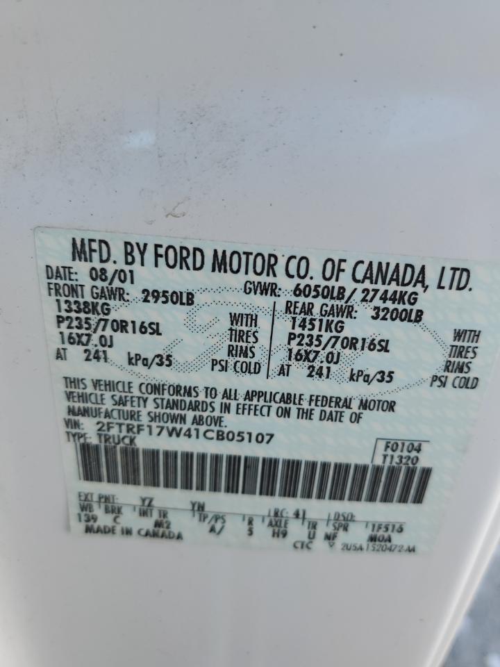 2001 Ford F150 VIN: 2FTRF17W41CB05107 Lot: 81836265