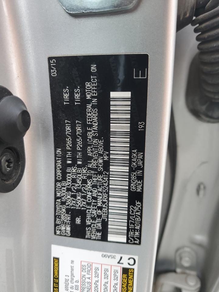 2015 Toyota 4Runner Sr5/Sr5 Premium VIN: JTEBU5JRXF5243412 Lot: 80705835